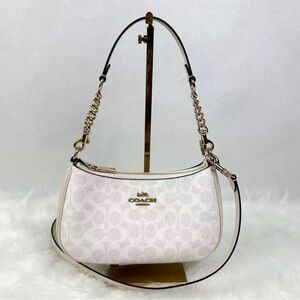 Coach White Signature Canvas Shoulder Bag with Gold Chain Accents